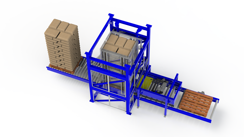 Palletiseermachine voor het stapelen van producten over de hele lengte en krappe stapeltoleranties voor veilig producttransport